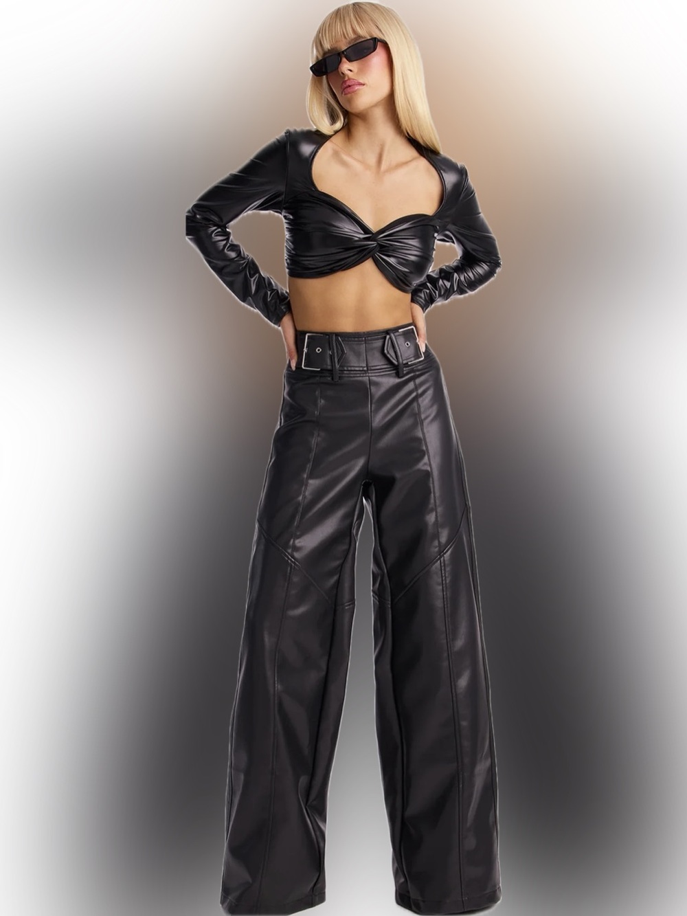 Wide-Leg High-Waist Faux Leather Pants - Black